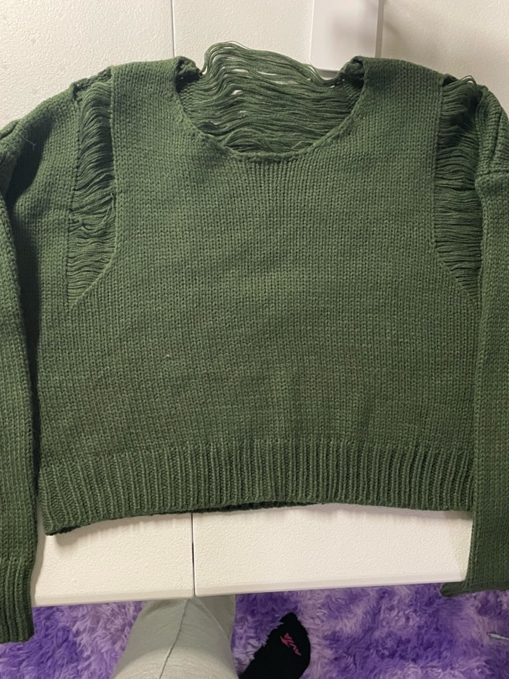 Olive Green Women's Distressed Knit Sweater